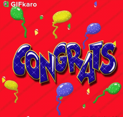 Congrats On Red Background With Balloons And Confetti GIF
