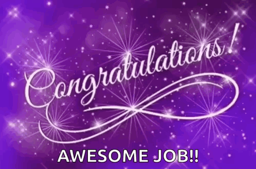 Congratulations ! Awesome Job ! Is Written In White On A Purple Background With Stars . GIF
