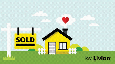 Congratulations On Closing With Sold Sign In Front Of Yellow House GIF