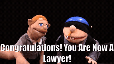 Congratulations You Are Now A Lawyer Written On A Card GIF