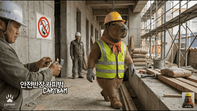 Construction Worker Lighting Lighter Next To Capybara In Hard Hat And Vest GIF