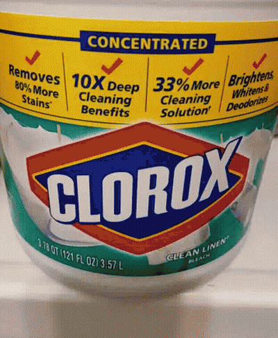 Container Of Concentrated Clorox Bleach On Counter GIF