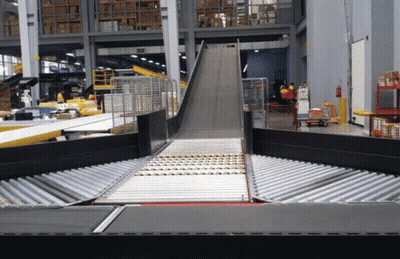 Conveyor Belt Going Down Ramp In Factory GIF