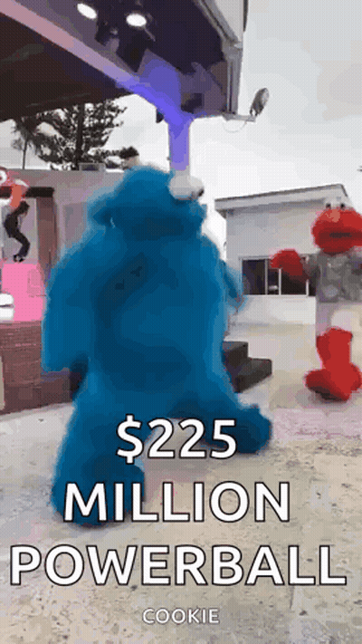 Cookie Monster And Elmo Are Dancing In Front Of A Sign That Says " $ 225 Million Powerball " GIF