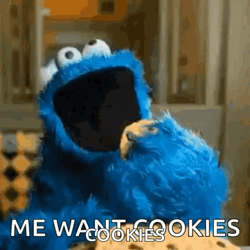 Cookie Monster Holding Cookie Saying Me Want Cookies GIF
