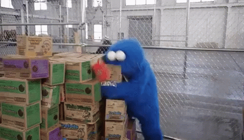 Cookie Monster In Front Of Twin Marie Boxes GIF