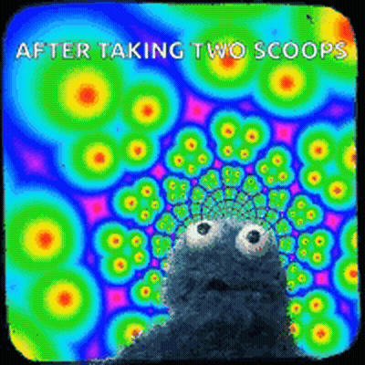 Cookie Monster Looking At Colorful Background Saying After Taking Two Scoops GIF