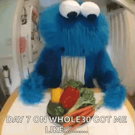 Cookie Monster Sitting With Plate Of Vegetables GIF