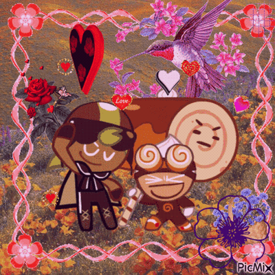 Cookie Run Characters With Flowers Hummingbird Heart Saying Love GIF
