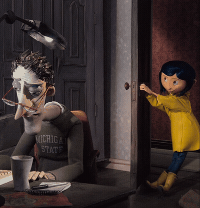 Coraline Standing Next To Black Cat In Snow GIF