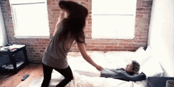 Couple Lesbians Bed Fall Girl On Top  GIF