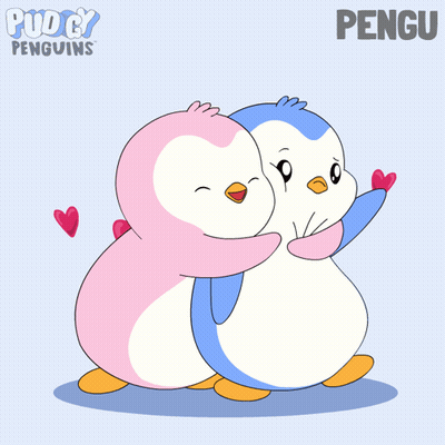 Couple Of Penguins Hugging With Hearts And Word Pengu GIF