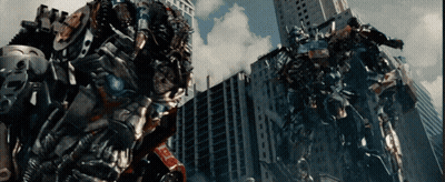 Couple Of Robots In Front Of City Skyline GIF