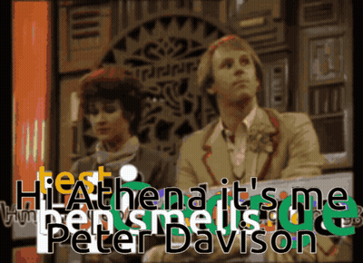 Couple Sitting Next To Each Other Saying Hi Athena It's Me Peter Davison GIF
