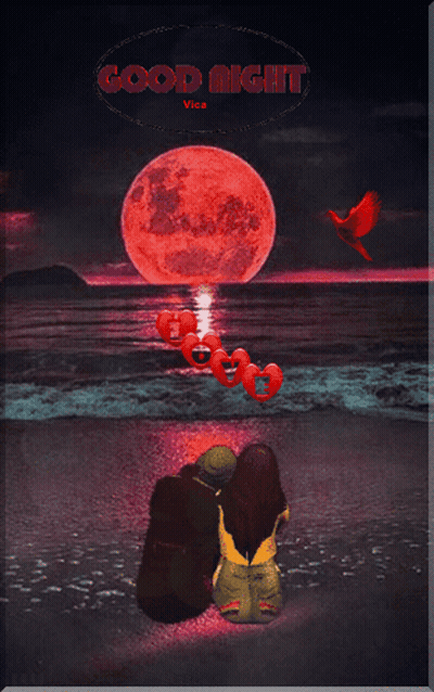 Couple Sitting On Beach At Full Moon GIF
