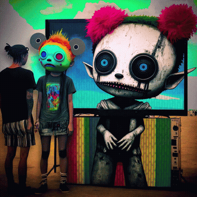 Couple Standing In Front Of Clown Bear Painting GIF