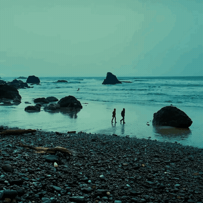 Couple Walking On Rocky Beach Near Ocean GIF