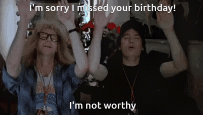 Couple With Hands Up Saying I'm Sorry I Missed Your Birthday GIF