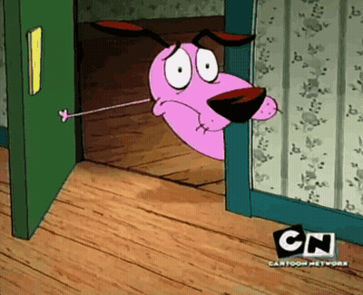Courage The Cowardly Dog From The Cartoon Network Is Peeking Out Of A Door GIF