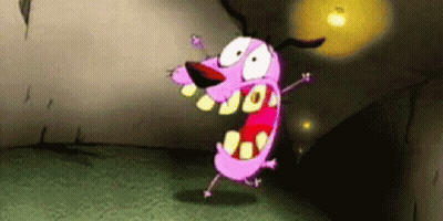Courage The Cowardly Dog From The Courage The Cowardly Dog Cartoon Is Standing In A Dark Room With His Mouth Open . GIF