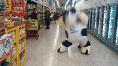 Cow Mascot Dancing In Grocery Store GIF