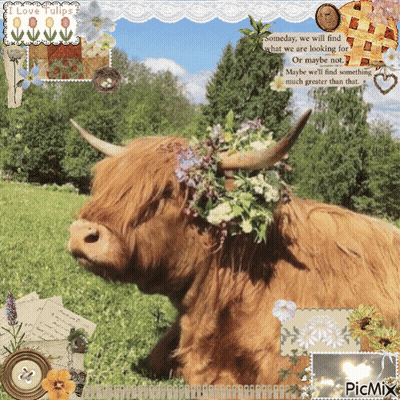 Cow With Flowers Someday We Will Find What We Are Looking For GIF