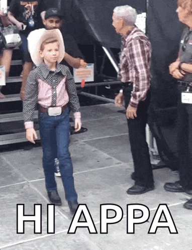 Cowboy Boy Saying Hi Appa To Man In Plaid GIF