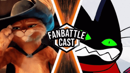 Cowboy Cat And Green-Eyed Black Cat With Fanbattle Cast Logo GIF