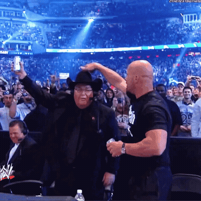 Cowboy Hat Man Next To Man In WWE Shirt GIF