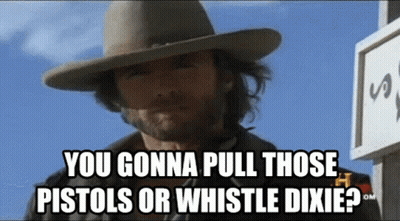 Cowboy Hat Saying You Gonna Pull Those Pistols Or Whistle Dixie GIF