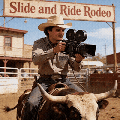 Cowboy Riding Bull Holding Camera At Rodeo Sign GIF