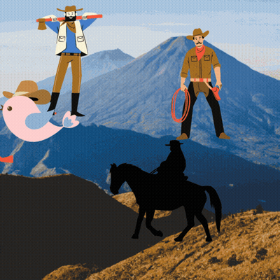 Cowboys Standing On Mountain With Pink Flamingo GIF
