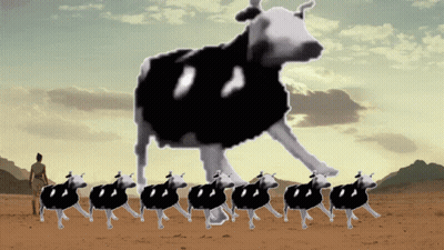 Cows Walking In Line With Giant Cow GIF