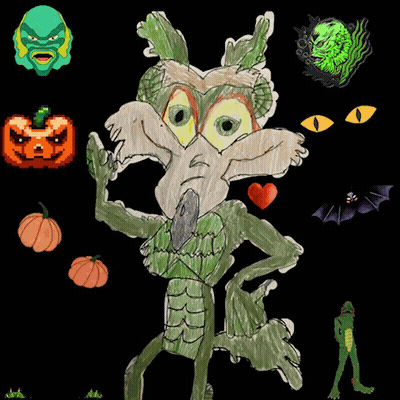Coyote With Heart Surrounded By Halloween Icons GIF