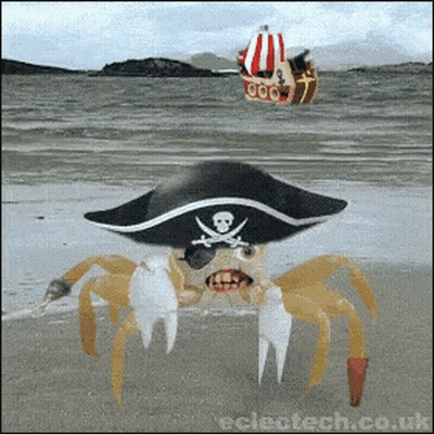 Cangrejo con sombrero pirata en la playa con bote GIF