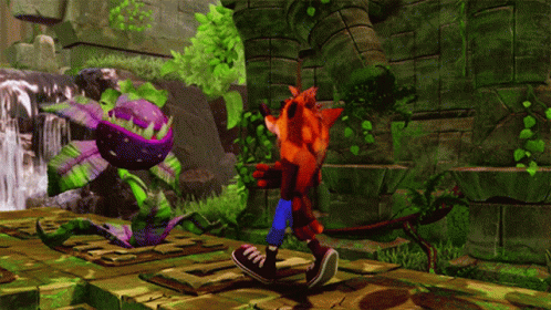 Crash Bandicoot Is Playing A Video Game With A Purple Plant In The Background GIF
