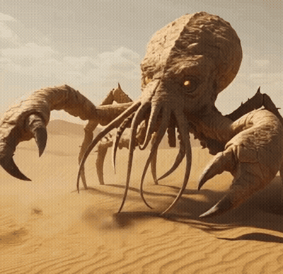 Criatura con cabeza grande y garras largas en el desierto GIF