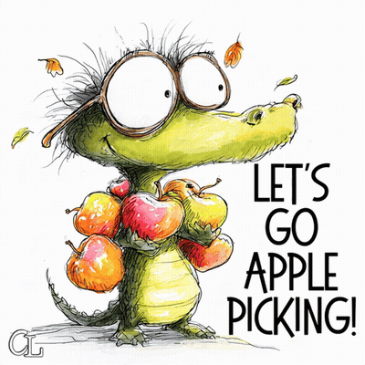 Crocodile Holding Apples Saying Let's Go Apple Picking GIF