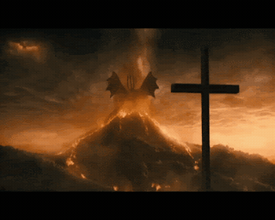 Cross In Front Of Volcano With Dragon GIF