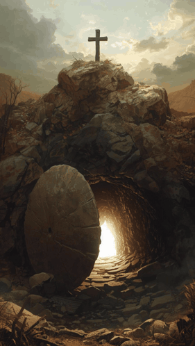 Cross On Rocky Hill Overlooking Tomb GIF