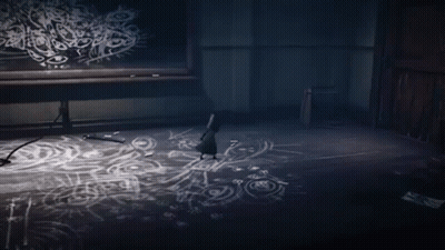 Crow In Dark Room With Chalkboard Drawings GIF