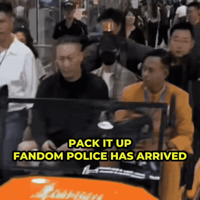 Crowd Around Car Saying Fandom Police Has Arrived GIF