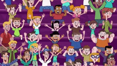 Crowd Cheering With Hands Up On Purple Background GIF