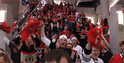 Crowd In Chicago Blackhawks Jerseys Walking Down Stairs GIF