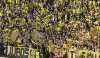 Crowd In Yellow Shirts Holding Juros Banner GIF