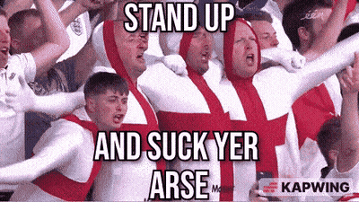 Crowd Standing Up Saying Suck Yer Arse GIF