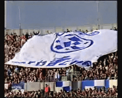Crowd Watching Soccer Game With Blue And White Rescue Banner GIF