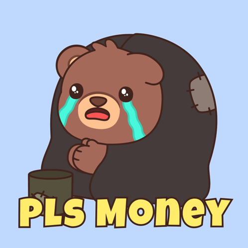 Crying Cartoon Bear Holding Cup With Pls Money GIF