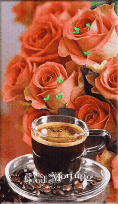 Cup Of Coffee And Roses Saying Good Morning GIF