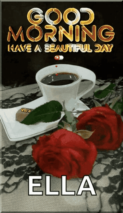 Cup Of Coffee And Roses With Name Ella GIF